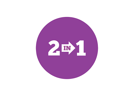 Icon of '2 IN 1' written in white, with 'IN' inside a right arrow, in a purple circle.
