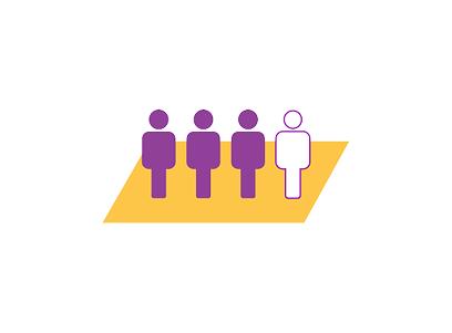 Four human figure icons on a yellow parallelogram; three are solid purple, and one is outlined in purple with a white fill.