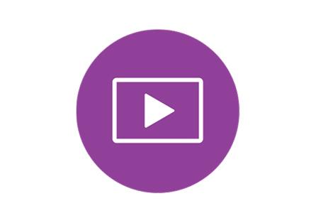 Icon of a play button inside a white rectangle on a purple background.
