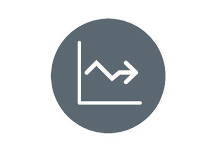 Icon of a line graph going down and then flattening, in a gray circle.