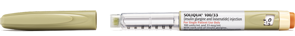 Soliqua 100/33 injection pen with cap removed, displaying needle and dosage markings. Label reads: 'SOLIQUA® 100/33 (insulin glargine and lixisenatide) injection - For Single Patient Use Only, 300 units/mL (100 units/mL insulin glargine and 33 mcg/mL lixisenatide).