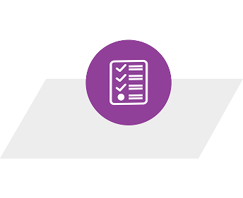 Icon of a checklist with three checkmarks and text lines, in a purple circle on a light gray background with geometric shapes.