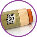 Icon of an insulin pen with a beige and orange cap, dosage dial set between 20 and 32 units, enclosed in a purple border.