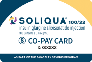 SOLIQUA® 100/33 co-pay card for insulin glargine and lixisenatide injection, showing dosage details and Sanofi Rx Savings Program information.