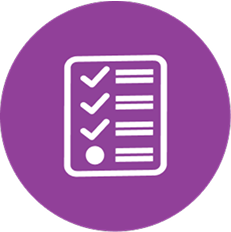 Icon of a checklist with three checkmarks and text lines, in a purple circle.