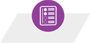 Icon of a checklist or form with filled and empty circles alongside horizontal lines, in a purple circle on a light gray background with geometric shapes.