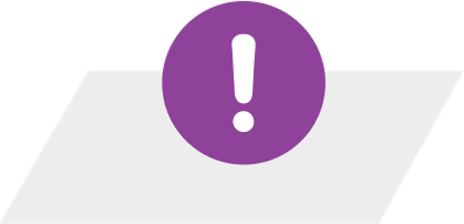 Icon of an exclamation mark inside a purple circle, placed over a gray parallelogram on a light gray background with geometric shapes.