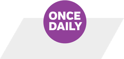 Icon with 'ONCE DAILY' in white text inside a purple circle on a light gray background with geometric shapes.