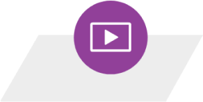 Icon of a white play button inside a rectangle, in a purple circle on a light gray background with geometric shapes.