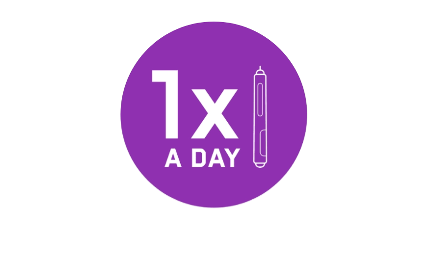 Icon of '1x A DAY' written in white, with a pen beside it in a purple circle.