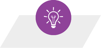 Icon of a light bulb with rays, in a purple circle on a light gray background with geometric shapes.