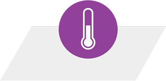 Icon of a thermometer, in a purple circle on a light gray background with geometric shapes.