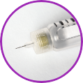 Icon of a syringe needle with visible measurement markings on the transparent barrel, enclosed in a purple border.